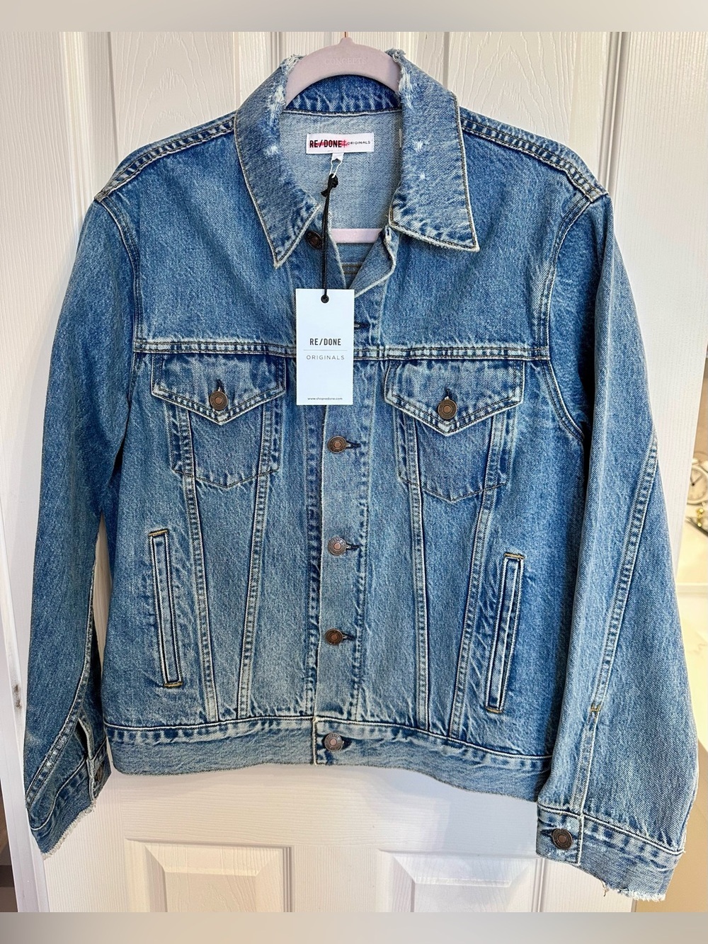 RE/DONE Originals Blue Distressed Denim Trucker Jacket Men’s S Women’s L $450